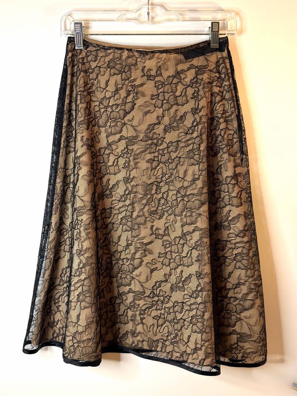 Lace Overlay A-Line Midi Skirt in Black and Nude Lining Women’s 2